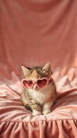 Adorable tabby kitten wearing pink heart-shaped sunglasses sitting on coral velvet fabric for Valentine's Day greeting cards and romantic pet content.