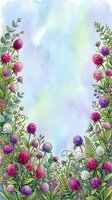 Watercolor floral border with pink, purple, and white clover blooms, green leaves, and berries on a soft blue-green background with copy space.