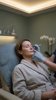 Middle-aged Caucasian woman receiving cosmetic injection treatment at luxury spa clinic. Professional dermatology procedure for facial rejuvenation and skincare.