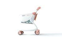Empty shopping cart in minimalist style with white frame and pink wheels on white background, isolated object for commercial and retail design concepts.
