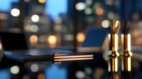 Elegant gold fountain pen lying on dark surface with blurred city lights and reflections creating luxurious atmosphere for business and writing concepts.