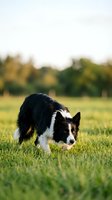 Border collie dog playing with yellow tennis ball on green grass field in sunny park during golden hour outdoor activity.