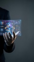 Businessman hand touching futuristic holographic interface with data analytics dashboard and digital cube technology for business innovation.