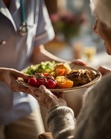 Healthcare professional serving nutritious meal to elderly patient in medical facility promoting healthy eating and senior care.