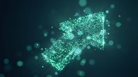 Upward arrow made of glowing particles and digital dots symbolizing growth, success, and financial progress in business and investment markets.