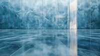 Atmospheric blue room interior with fog and reflective floor. Mysterious empty space with dramatic lighting and misty clouds creates surreal architectural scene.
