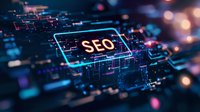 Digital SEO concept with glowing text in futuristic technology environment with circuit patterns and bokeh light effects.
