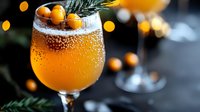 Festive winter cocktail garnished with fresh cranberries and pine branch in sugar-rimmed glass against blurred holiday lights background. Sparkling orange drink.