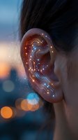 Human ear with glowing circuit board patterns and digital lights representing hearing technology, artificial intelligence, and futuristic medical innovation.