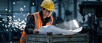 Male worker in safety helmet and orange vest reviewing blueprints at industrial construction site with welding sparks in background.