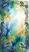 Watercolor border frame with ornate floral scrollwork and rearing horses in blue and green tones, copy space center for text or design.