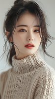 Young Asian woman wearing cream turtleneck sweater with natural makeup and loose dark hair against neutral background. Soft beauty portrait with gentle lighting.