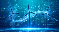 Wind turbines with digital technology overlay showcasing renewable energy data analytics and smart grid connectivity for sustainable power generation.