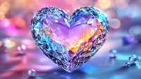 Crystal heart shape with rainbow reflections and bokeh lights on blurred background, romantic love symbol in blue and pink tones, luxury jewelry concept.