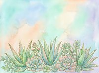 Watercolor succulents and aloe arrangement on pastel gradient background, soft green pink tones, botanical art for cards, prints, and home decor.