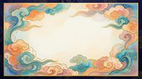 Ornate decorative frame with swirling clouds in vibrant colors creating elegant border on light background for invitations and artistic designs.