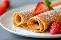 Rolled crepes dusted with powdered sugar served on white plate with fresh strawberries, close up view of traditional French dessert for menu or recipe blog.
