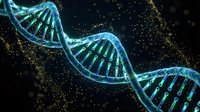 Glowing blue DNA double helix structure with golden particles on dark background for genetic research, biotechnology and molecular biology concepts.