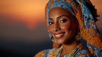 Young African woman in colorful traditional headscarf and jewelry smiling against warm sunset backdrop, showcasing cultural heritage and natural beauty.