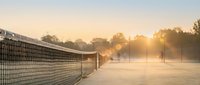 Tennis court with net during golden hour sunrise creating atmospheric mist and warm lighting for sports and recreation concepts.