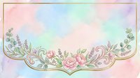 Soft watercolor banner with gold frame, pastel floral arrangement of peonies, lavender, and eucalyptus on rainbow gradient background.
