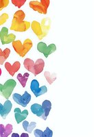 Colorful watercolor hearts in rainbow arrangement on white background, creating a cheerful pattern for greeting cards, invitations, and romantic designs.
