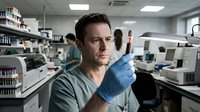 Middle-aged Caucasian male scientist examining blood sample in test tube wearing blue latex gloves in modern medical laboratory with equipment and colleague.