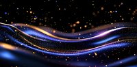 Abstract cosmic waves with glowing blue and orange light streaks against dark background, sparkling particles create dynamic flowing pattern.
