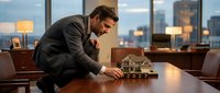 Male real estate professional examining architectural model of residential property in modern high-rise office with city skyline view. Suitable for real estate, business, and architecture marketing.