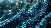 Digital wave of binary code with glowing particles and bokeh lights creates futuristic technology landscape in blue tones for cybersecurity concepts.