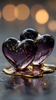 Two purple glass hearts intertwined on golden base with warm bokeh lights background for romantic Valentine's Day celebration and love concept decoration.
