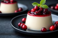 Creamy panna cotta dessert topped with fresh cranberry sauce and mint garnish on dark plate. Elegant restaurant presentation for holiday menu design.