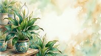 Watercolor houseplants in decorative pots on wooden surface with soft botanical background for home decor and gardening themes.
