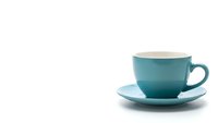 Elegant turquoise coffee cup and saucer set isolated on white background for cafe branding, kitchen design, beverage advertising and hospitality concepts.