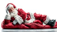 Santa Claus relaxing in red velvet suit with white beard lying down on white background isolated for holiday marketing and Christmas designs.