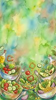 Watercolor salad bowls with fresh vegetables, olive oil, and utensils on soft green and yellow background. Healthy eating and nutrition concept for food blogs, recipes, and wellness design projects.