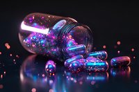 Glowing magical pills and glass bottle with sparkling blue and purple particles spilling onto reflective surface in dark atmospheric setting.