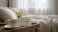 Cozy bedroom tray with a teacup, daisy flowers, and a handwritten thank you note, creating a warm, heartfelt morning atmosphere.