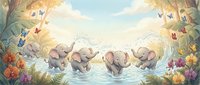 Adorable baby elephants playing in crystal clear water surrounded by tropical flowers and colorful butterflies in enchanting jungle paradise setting.