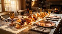 Elegant autumn dining table set with pumpkins, candles and warm golden light creating cozy thanksgiving atmosphere in rustic home interior.