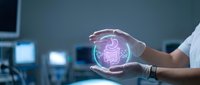 Medical professional protecting glowing digestive system hologram in modern healthcare facility for gastroenterology and wellness concepts.