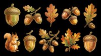 Autumn acorns, oak leaves, and a squirrel clipart set, isolated on transparent background, ready for T-shirts, stickers, sublimation, and print on demand.
