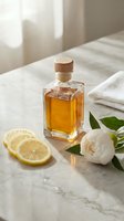 Golden amber oil in glass bottle with wooden stopper displayed on marble surface alongside fresh lemon slices and white peony flower for spa, wellness and beauty product photography.