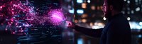 Silhouette of man creating magical glowing pink energy sphere against dark urban night background with bokeh lights, mystical supernatural power concept.