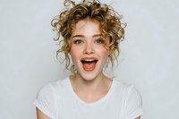 Young excited Caucasian woman with curly blonde hair laughing joyfully in white t-shirt against gray background for lifestyle and emotion concepts.