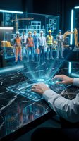 Construction team with diverse workers in safety gear using futuristic holographic technology for digital project management and building planning.