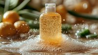 Glass bottle with golden sparkling liquid surrounded by delicate foam and water drops, creating luxurious bath or spa atmosphere against blurred natural background.