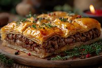Flaky golden pastry layered with seasoned ground meat filling, garnished with fresh thyme and peppercorns on wooden board, close-up view of traditional baklava.