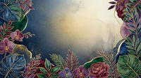 Colorful botanical frame with ornate leaves and flowers in jewel tones bordering a misty, golden-lit center space, suitable for backgrounds and design layouts.