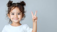 Cheerful Asian toddler girl with hair buns wearing white t-shirt shows peace sign gesture while smiling brightly against gray background. Positive childhood expression.